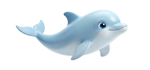 Fototapeta premium 3d render cute baby dolphin character in light blue with glossy plastic texture, cartoon icon for app or kids design, Isolated on transparent background, png