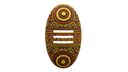 Oval object with geometric tribal patterns in orange, yellow, and brown