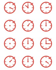 Collection of red analogue clocks