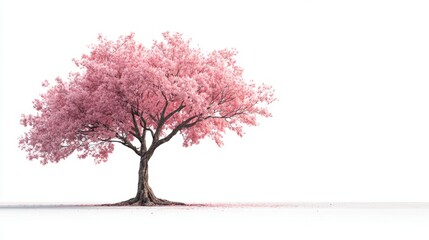 Fototapeta premium Beautiful pink cherry blossom tree stands alone in a serene landscape. This stunning natural scene captures the essence of spring and tranquility. Generative AI