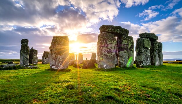 Ancient megalithic monument at sunrise, surrounded by lush green grass