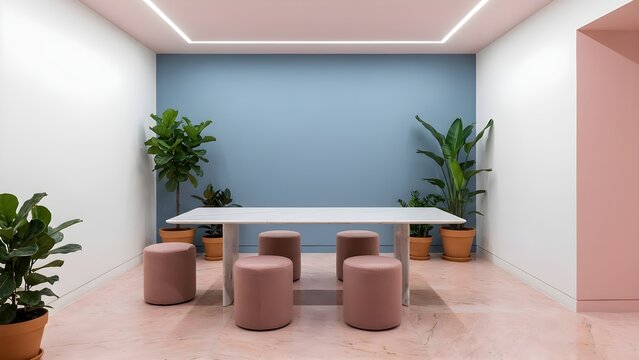 Modern minimalist meeting room with white table and pink stools indoors - Powered by Adobe
