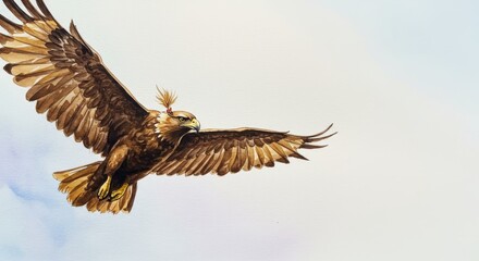 Obraz premium Golden eagle with Native American feather decoration in flight. Symbol of freedom and spiritual connection. Wildlife art for heritage concept.