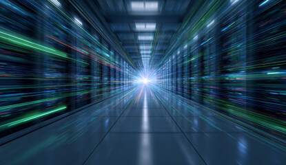 Futuristic digital illustration of an energy burst radiating from a central point in a high-tech server room with glowing blue and green lines