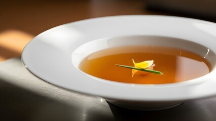 Deliciously simple and elegant clear broth soup, seasoned to perfection and garnished with a delicate edible flower