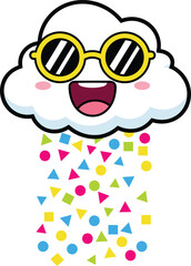 Happy Cloud Sticker | Cute Weather Character with Colorful Geometric Rain Vector
