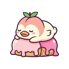 Adorable Cartoon Bird Sleeping on Peach Dessert
