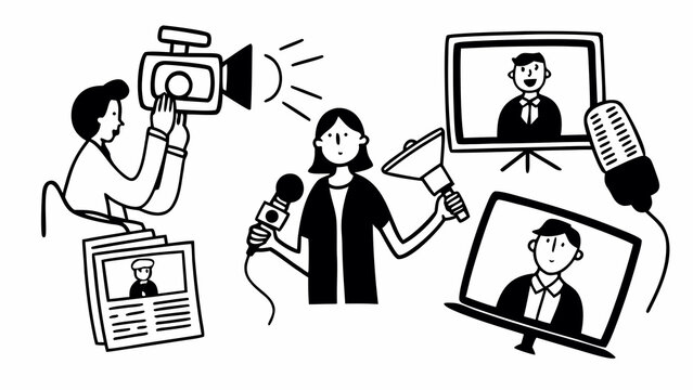 News anchor being interviewed by reporter with camera, microphone, and broadcast equipment in a studio setting