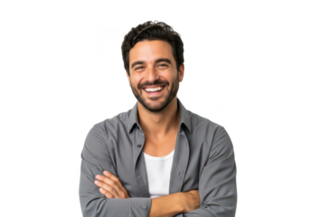 Smiling man with arms crossed isolated on transparent background, radiating positivity