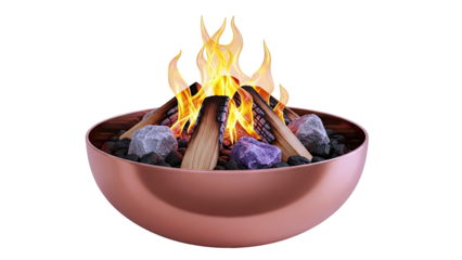 Copper Fire Pit Bowl with Burning Logs and Rocks