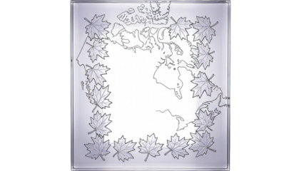 Canada Map Decorated by Maple Leaves: A detailed map of Canada framed by delicate maple leaves, etched onto a clear glass, showing Canadian pride and heritage.