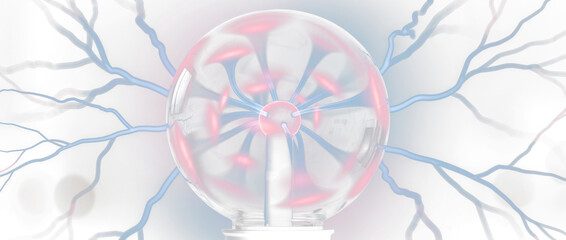 Colorful electric arcs radiating from a central glowing sphere surrounded by a white background object on white and png