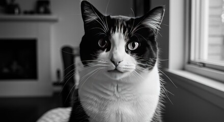 A close-up black and white photo of a domestic cat with distinctive markings on its face, sitting indoors near a window