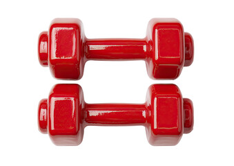Pair of red dumbbells stacked horizontally, shiny, isolated against a dark backdrop