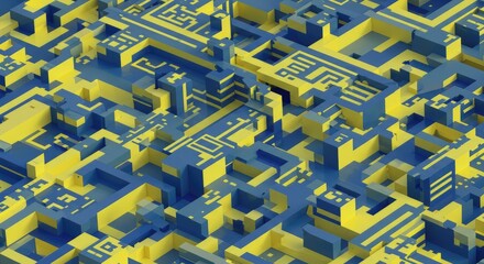 A vibrant 3D rendering of a complex circuit board with blue and yellow blocks