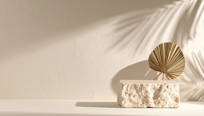 Luxury Stone Product Podium with Tropical Palm Leaf Shadow on Neutral Wall for Minimalist Cosmetic Brand Banner