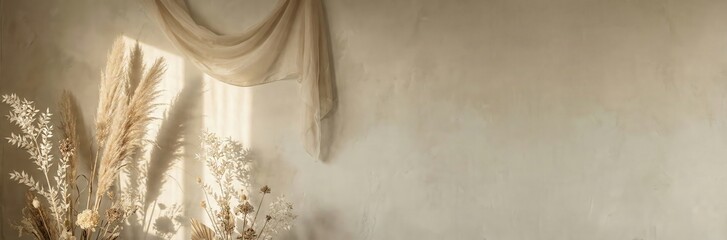 Minimalist Beige Interior Background with Dried Flora Pampas Grass and Fabric Drape featuring Large Copy Space