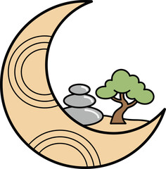Zen Moon Illustration | Crescent Moon with Balancing Stones and Bonsai Tree | Sticker Vector