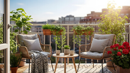 Naklejka premium A peaceful morning scene on a sunlit city balcony featuring lush green plants and relaxing outdoor furniture