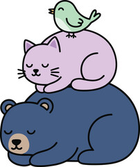Animal Stack Illustration | Cute Bear Cat and Bird Trio | Kids Sticker Vector