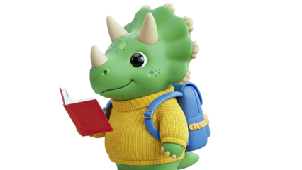 Cute Dinosaur Reading a Book with Backpack