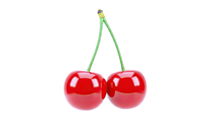 Two shiny red cherries with green stems on a white background