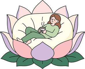 Mindfulness Sticker | Cozy Girl Relaxing in Lotus Flower Holding Tea Cup | Wellness Vector