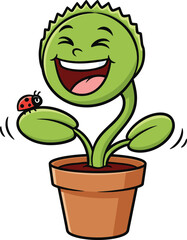 Happy Plant Clipart | Laughing Flower Character with Ladybug | Kids Sticker Vector