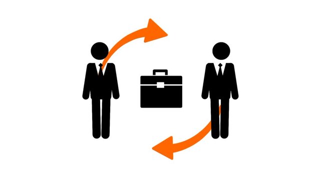 Job rotation concept animation with two businessman icons connected by circular arrow. Simple business transition symbol. Professional workflow exchange idea.