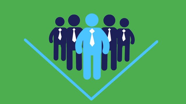 Leadership concept animation showing leader icon standing in front of multiple business icons. Authority and guidance representation. Team direction and influence theme.