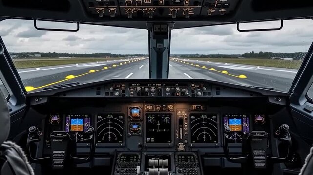 Symmetrical View from Pilot Cockpit Overlooking Centerline of Airport Runway, Flight Deck Controls and Navigation Displays, Concept of Precision Aviation, Commercial Flight Readiness, and Air Travel.