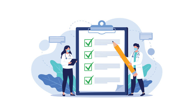 Two medical doctors in lab coats and face masks mark completed items on a giant health checklist clipboard during a clinical study.