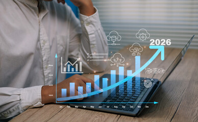 Person using laptop working AI data analytics interface growth chart digital icon representing artificial intelligence business forecasting data driven strategy cloud technology trends innovation 2026