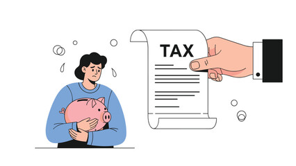 Worried woman holding a piggy bank and looking at a large tax bill held by a giant hand representing financial pressure.
