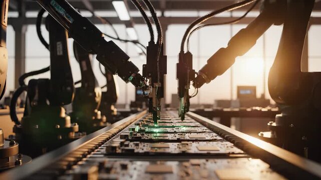 Robotic arms assemble electronic components on a factory assembly line as sunlight filters through the windows. The scene illustrates automation, precision, and technology in manufacturing.