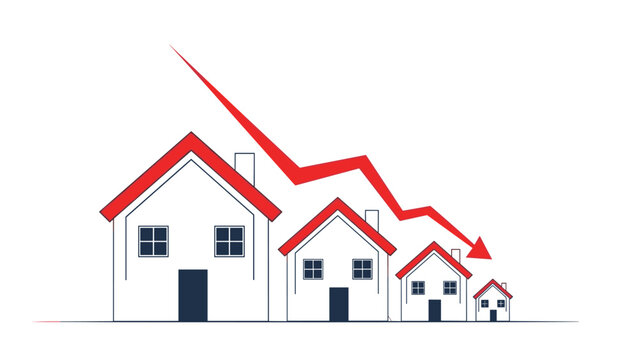 Illustration showing a red downward arrow pointing towards shrinking house sizes representing a decline in the real estate market and property values.