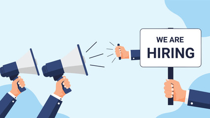 Job recruitment and talent acquisition concept featuring hands holding megaphones and a sign that reads we are hiring.