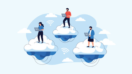 Group of people with laptops stand on floating clouds with Wi-Fi symbols representing cloud computing and remote digital work.