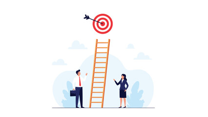 Man and woman in business suits stand by a tall wooden ladder that leads to a bullseye target in the sky for goal setting.