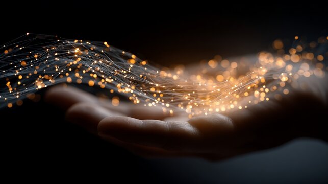 Golden network of light in an open hand against a dark background - Powered by Adobe