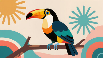 Obraz premium Mid century modern toucan illustration with retro sun and geometric abstract shapes