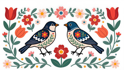Fototapeta premium Scandinavian folk art illustration of two birds with floral ornaments and red tulips on white background