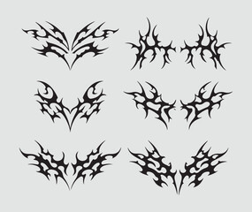 Neo tribal y2k tattoo collection with symmetrical gothic designs for alternative style and body art. Black flame ornaments. Vector decorative elements