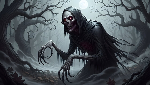 A terrifying supernatural entity with a skeletal face and long fingers haunting a dark misty forest at night