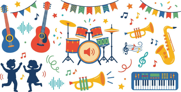 Festival stage and decorative elements icon set featuring musical instruments, flags, bunting, arches and ornamental patterns
