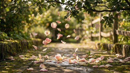 Pink rose petals falling on a serene garden pathway surrounded by greenery