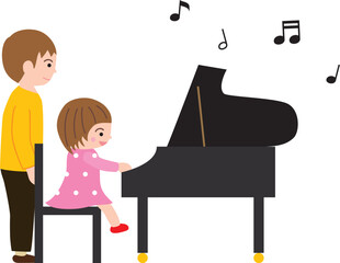 ピアノを弾く女の子と先生と音符