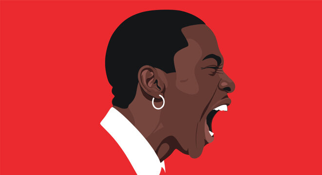 Profile illustration of an expressive man shouting loudly with mouth wide open against a solid bright red background color.