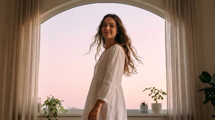 Woman stands by arched window with plants at sunset indoors smiling