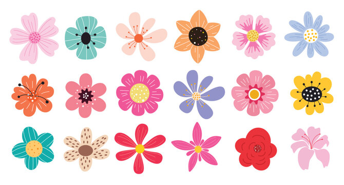 Spring colorful flowers clipart set. Flowers like chamomile, daisy and daffodil floral clip art collection flat icon doodle design spring botanical symbol vector illustration.
